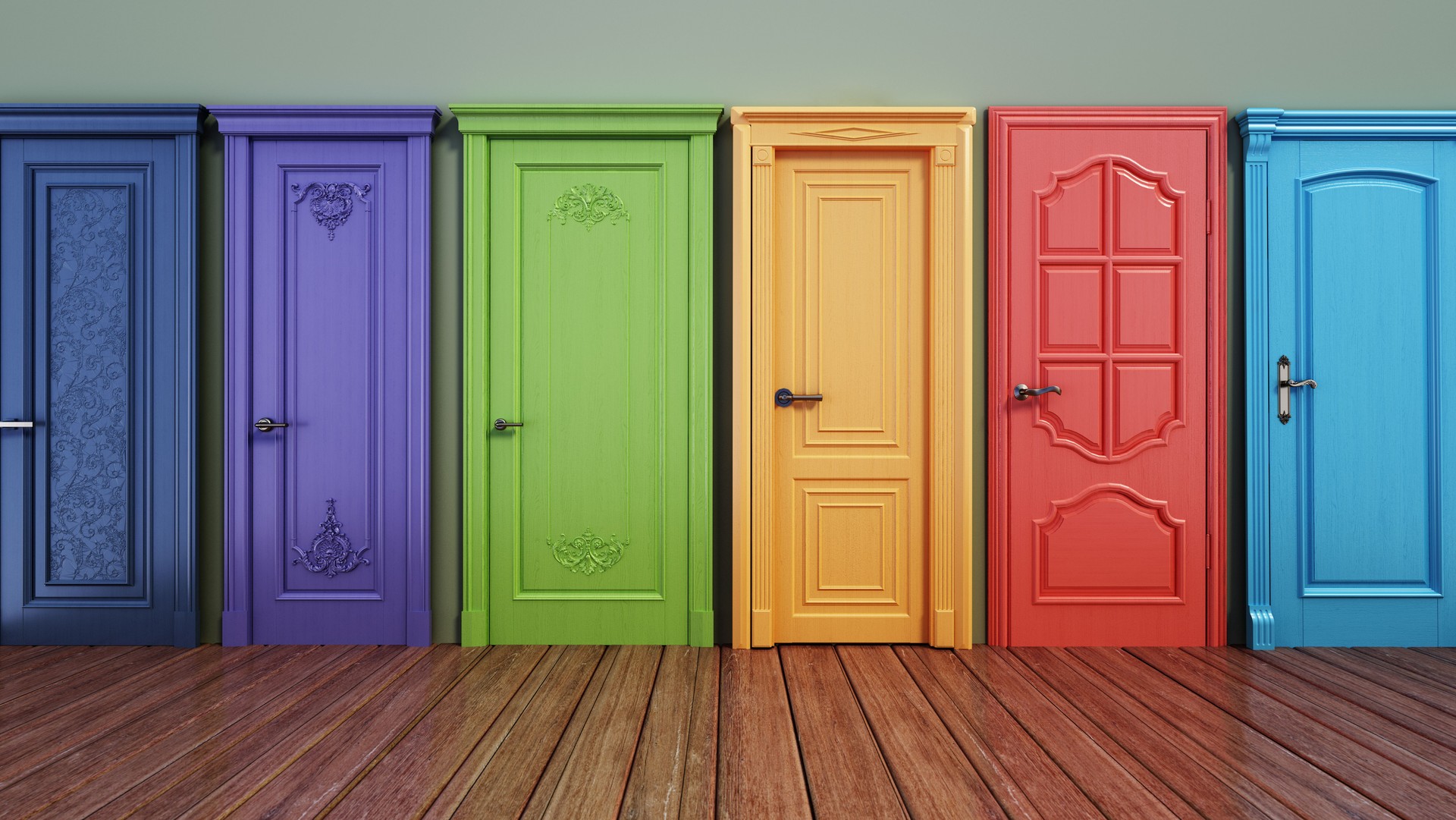 Cores vibrantes várias portas fechadas seguidas. Conceito de escolha e decisões